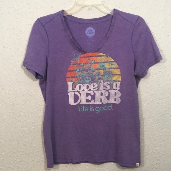 Life is good Purple V-Neck “Love is a Verb” Screen Print T-Shirt size M - Picture 1 of 9